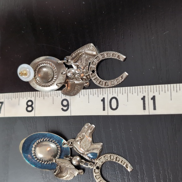 Blue and Silver Western Cowboy Hat Earrings With Charms Horse Earrings Dangling - Picture 11 of 11